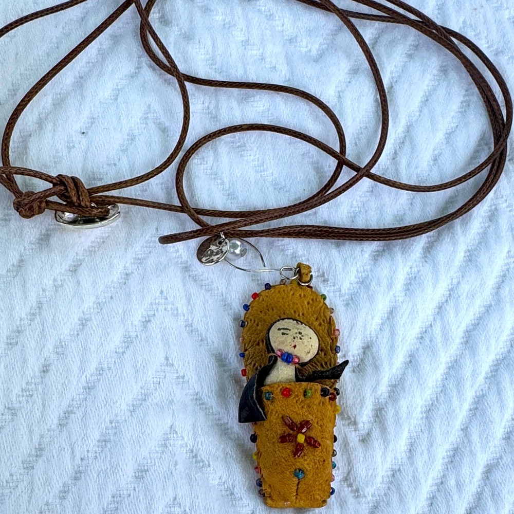 Vintage Papoose baby Handcrafted on a new wax leather necklace